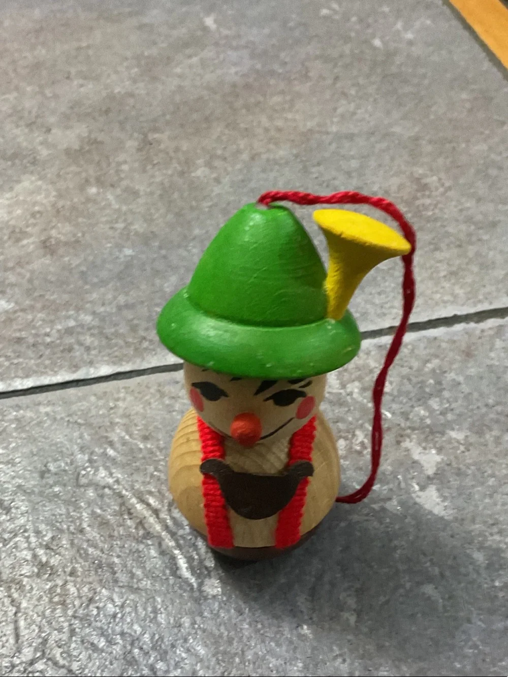 Wooden Clown Bell Toy - Green Hat, Yellow Horn made in Germany or West Germany